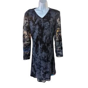 Kay Unger Sheer Burnout Velvet Tunic Dress Dark Blue Long Sleeve Y2K Size 12
